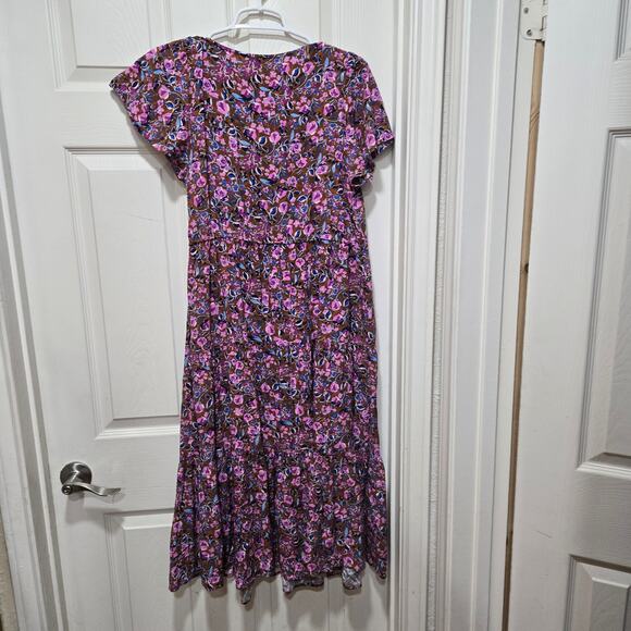J.Crew Floral Tiered Midi Dress Size 10 Brown Pink Purple V-Neck - Picture 5 of 9